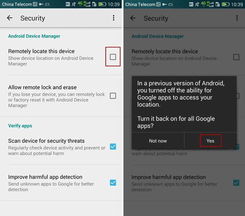 enable remotely locate Android device