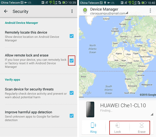 enable remotely lock or erase data on Android device