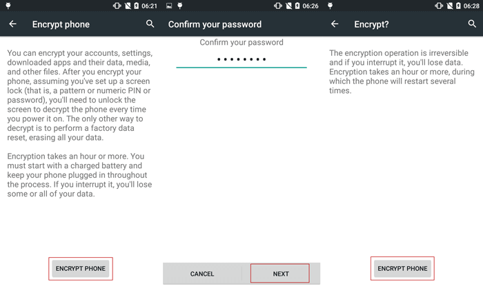 confirm password to encrypt Google Android