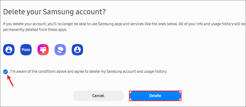 confirm to delete samsung account