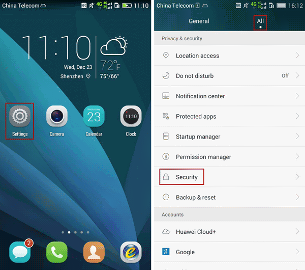 open security settings on Android