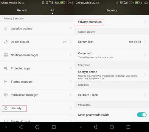 enter privacy protection settings on Huawei Android