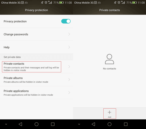 private contacts on Huawei Android