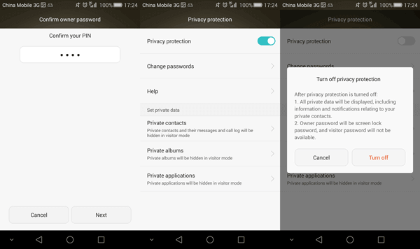 turn off privacy protection on Huawei Android