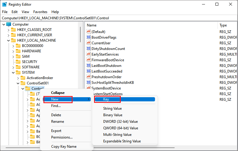 right click control to create new key
