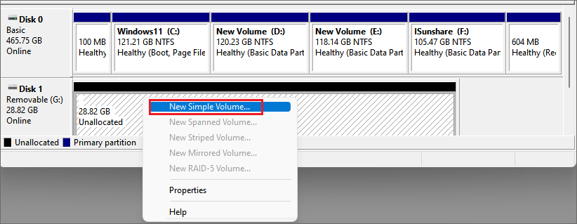 right click to choose new simple volume
