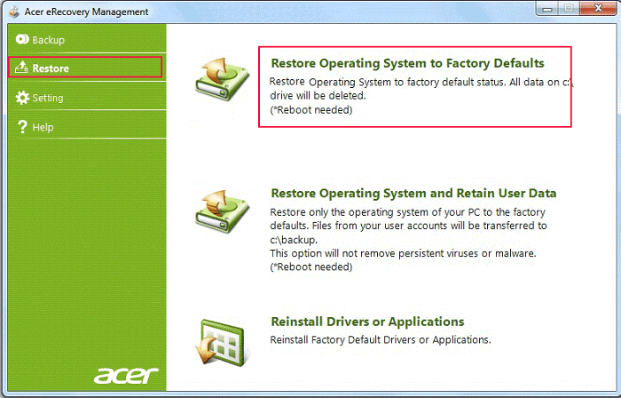 set in Acer eRecovery Management