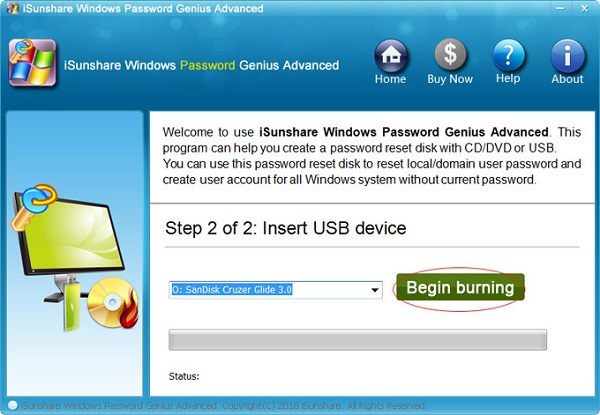 click the begin burning option to make the password reset disk