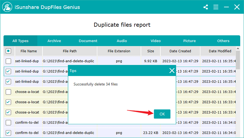 successfully deleted duplicate files