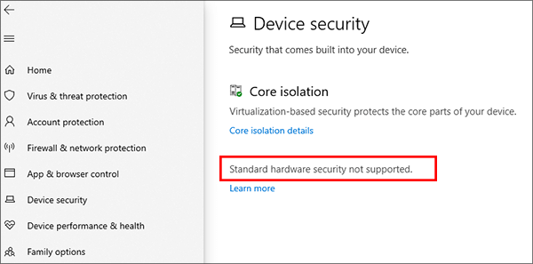 Standard hardware security not supported