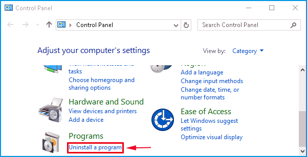 click the uninstall a program under programs