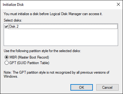 initialize disk settings