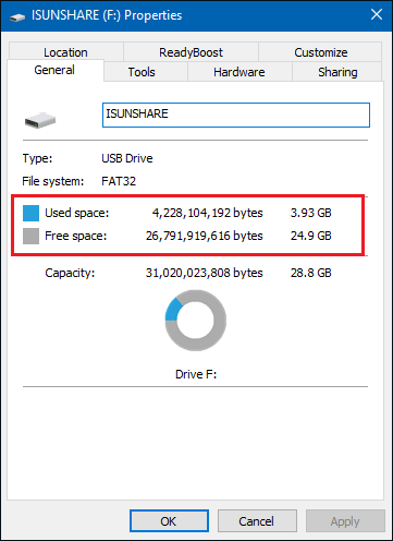 check your usb drive used space