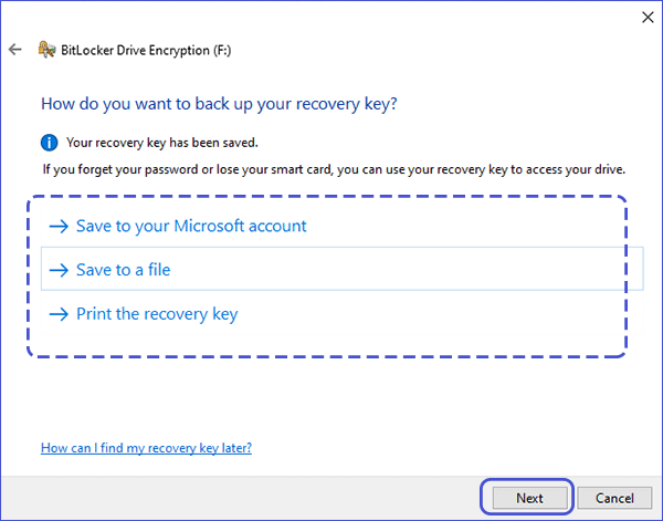 select a way to back up recovery key
