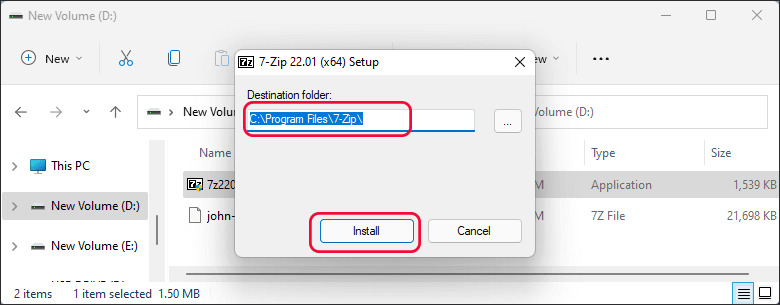 choose destination folder to install 7Zip