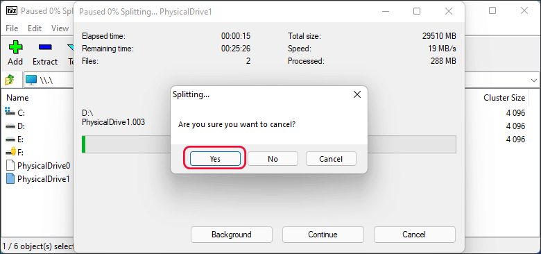 click Yes to cancel splitting