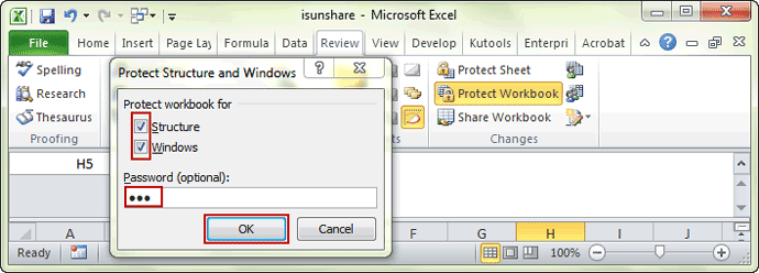 enter password to protect workbook structure and windows