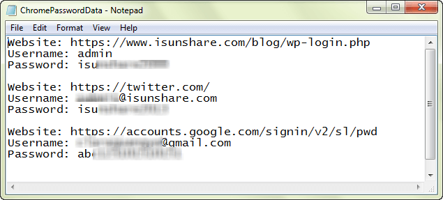 view username and password for stored website in exported file