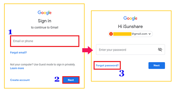 enter the Gmail account name and get the forgot password option