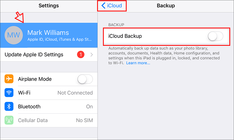 turn on iCloud Backup on iPad