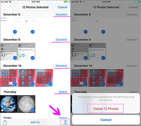 delete photos in bulk from photos collection from iphone