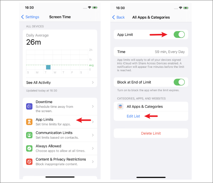 turn off app limit on screen time