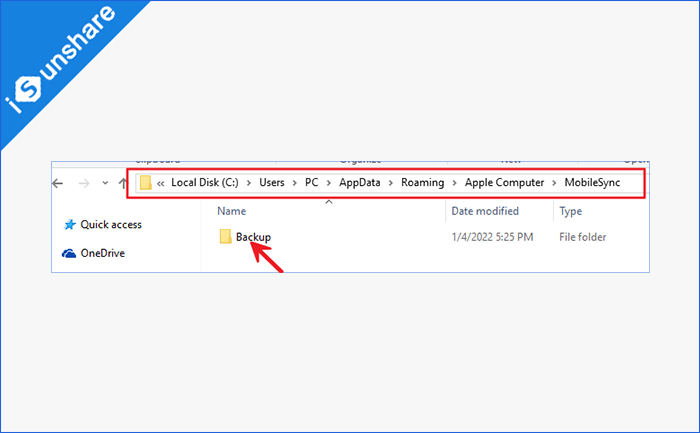 find your backup folder on your windows computer