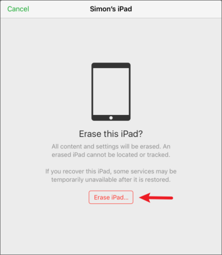 erase ipad on find my app