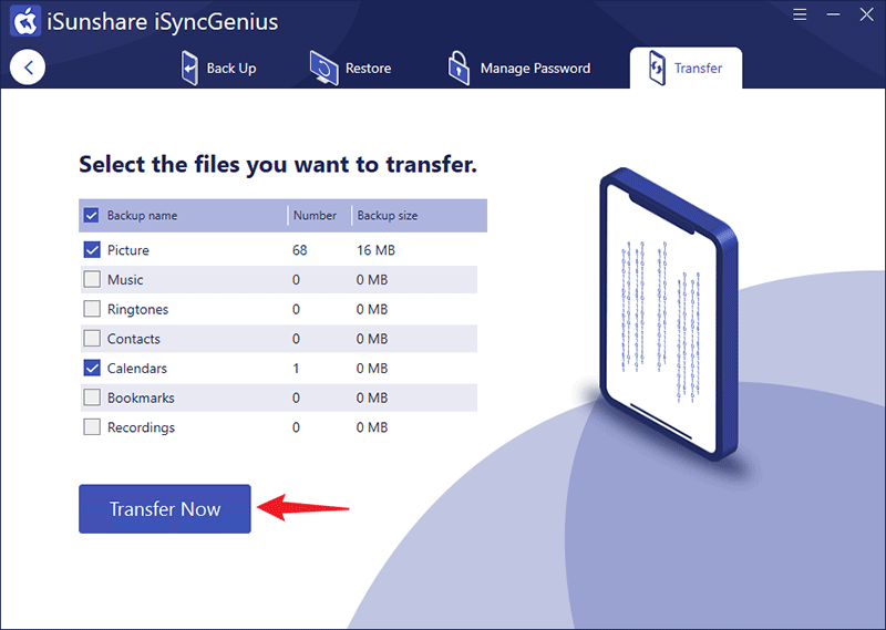 select the files and tap transfer now