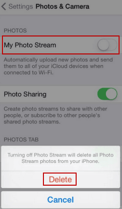 turn off my photo stream and tap delete