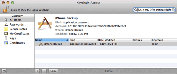 find iPhone backup item in Keychain
