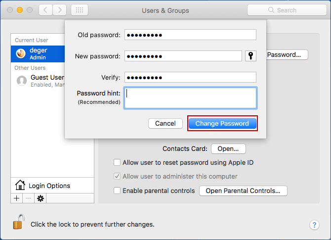 change mac user password