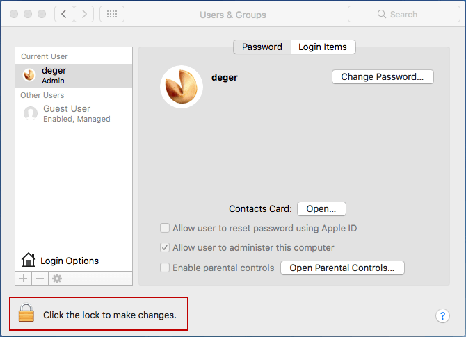 click the lock to make changes in users and groups