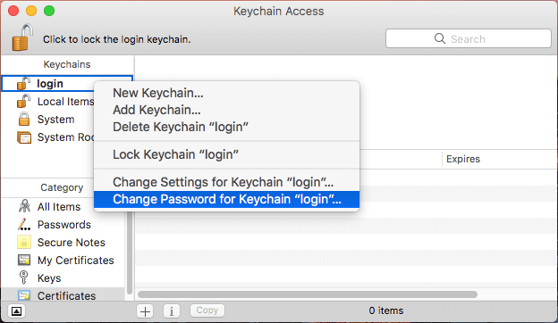 choose to change password for keychain login