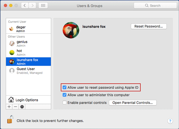 allow user to reset password using apple id