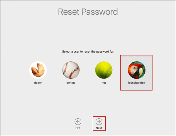choose a user to reset password on mac