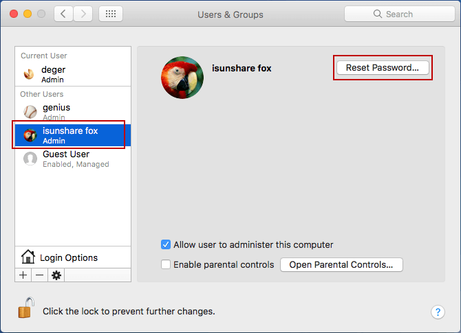 choose to reset admin password on mac