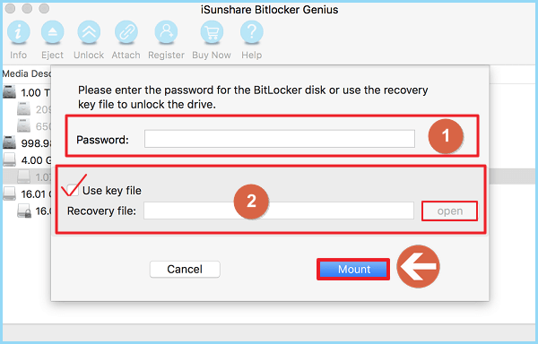 password or recovery key to unlock BitLocker drive