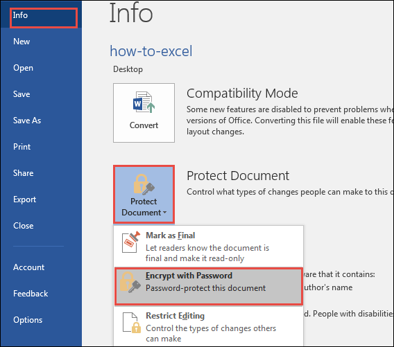 find encrypt document settings in word 2016