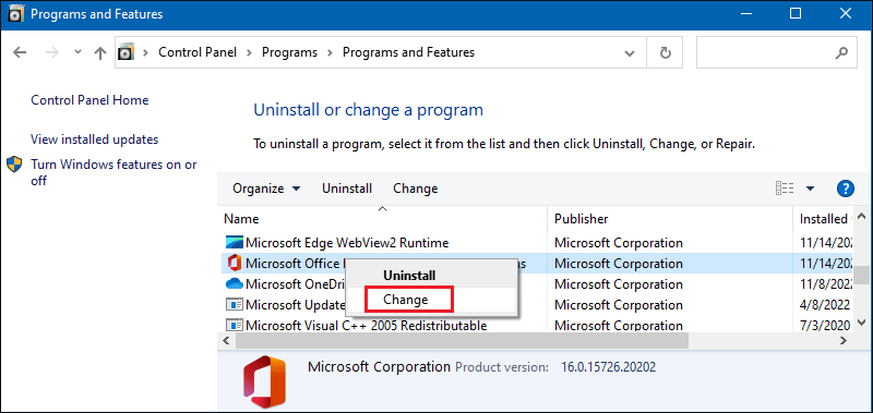 change the installation of microsoft office