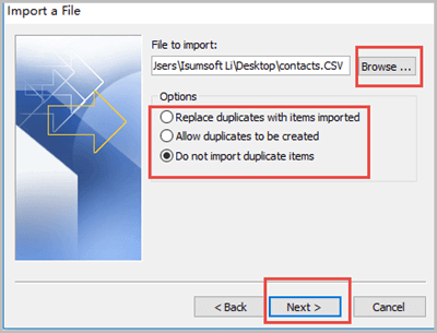 choose file to import outlook