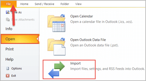 click on file open import in outlook 2010