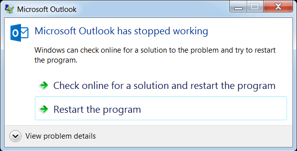 outlook has stopped working
