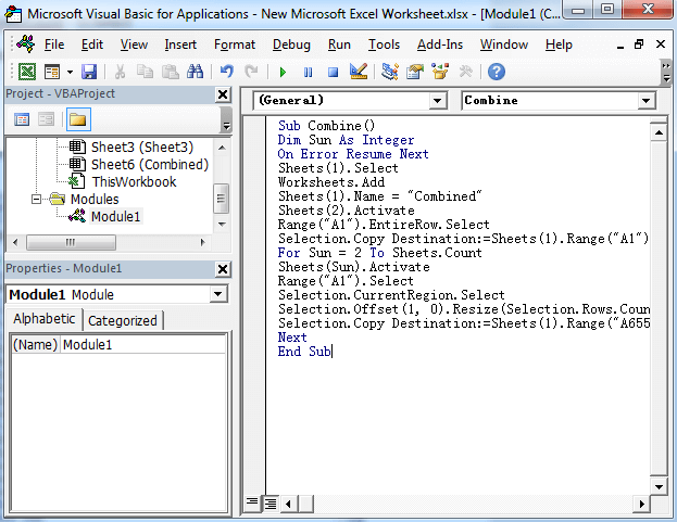 type merging code for sheet in vba