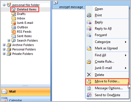 move deleted mail to folder outlook 2007