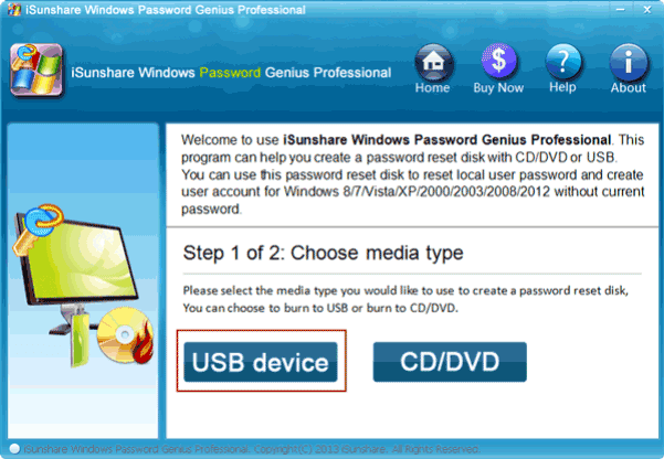 choose usb device to burn password reset disk