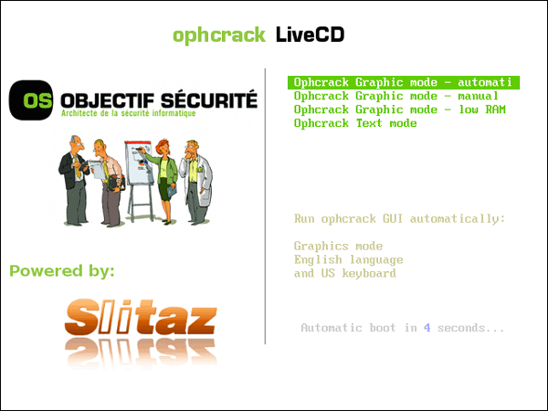 boot computer from ophcrack live cd