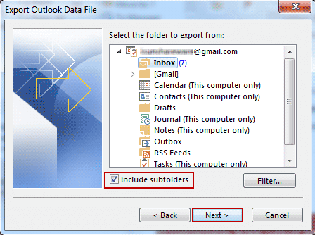 select data folder to export from outlook