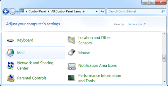 select mail item in control panel