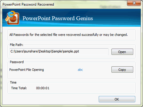 copy recovered password to open PPT or PPTX file